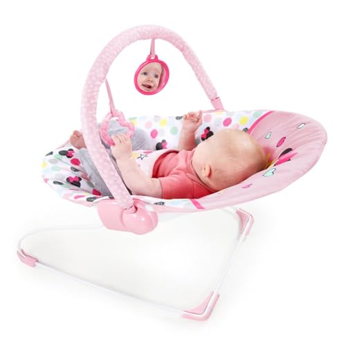 Bright Starts, Disney Baby, Minnie Mouse Spotty Dotty, Babywippe Babyschaukel mit Vibrationen, maschinenwaschbarem Sitzpolster, rutschfesten Füßen, 2 Hängespielzeugen, 0-6 monate