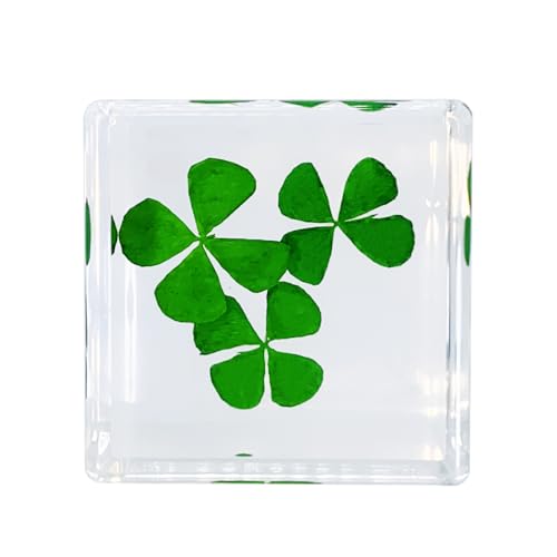 Bon Cube Real Four Leaf Clover Desk Accessory Mini Resin Cube – Plant in Resin with Real Green 4 Leaf Clover, Desk Decor for Women, Small 1.58'' (2.9 oz), Lightweight Paperweight Option