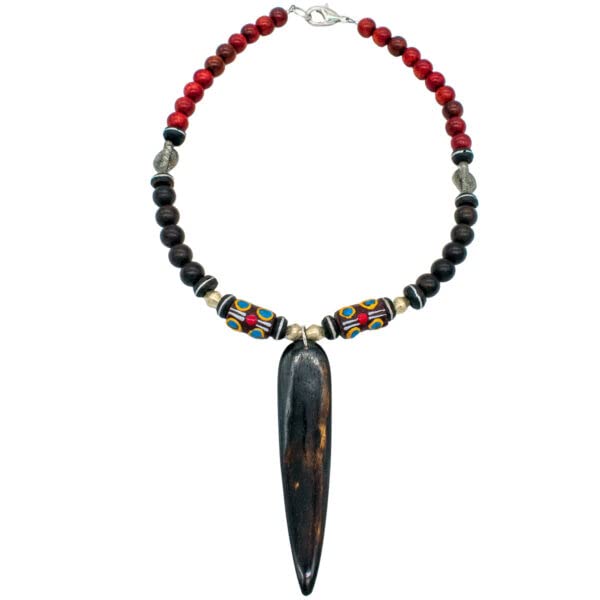 African maroon brown wood bead necklace with kobo beads