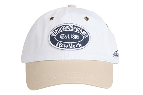 Image of Brooks Brothers Men's Classic 100% Cotton Twill Baseball Cap - Woven Logo One-Size Adjustable Hat, White /Safari Color Block