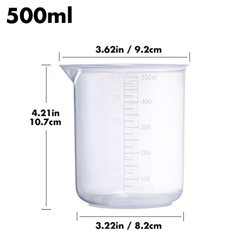Plastic-Beaker-Set-5-Sizes-Low-Form-Measuring-Graduated-Griffin-Polypropylene-Beakers-in-500-ml-250-ml-100-ml-50-ml-25-ml-for-Laboratory-Science-Experiments-with-5-Plastic-Droppers-in-3-ml