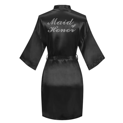 Image of Women's Bride Bridesmaid Robes Short Satin One Size Silver Rhinestones Wedding Party Getting Ready Sleepwear