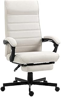 Vinsetto High-Back Home Office Chair, Linen Swivel Reclining Chair with Adjustable Height, Footrest and Padded Armrest for Living Room, Bedroom, Study, Cream White