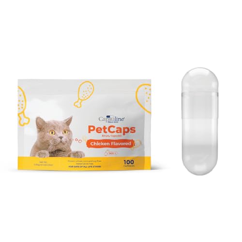 Capsuline PetCaps Size 3 Empty Gelatin Capsules for Cats of All Life Stages, Chicken Flavored - 100 Count| Hides Medicine Taste & Scent | Gluten Free, Kosher, Non-GMO Certified | Pure Bovine Pill Caps