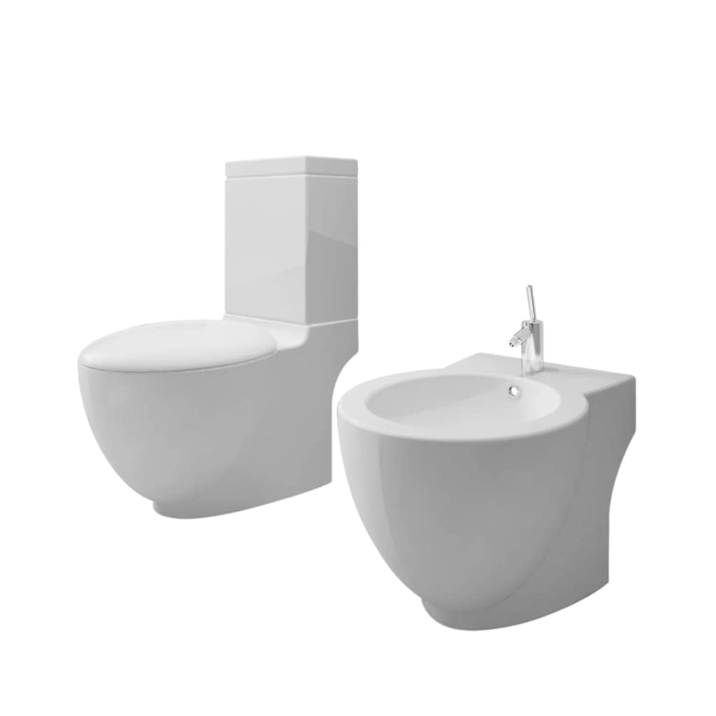 Set de inodoro y bidé de cerámica blanco, inodoro con asiento de cierre suave y doble descarga de 3/6 litros, bidé para montaje en el suelo, cómodo juego de baño