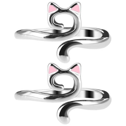 Image of YUXIANLB 2PCS Crochet Rings Cute Cats Yarn Guide Rings Adjustable Size Knitting Tension Regulator Metal Open Finger Hook for Knitting Accessories