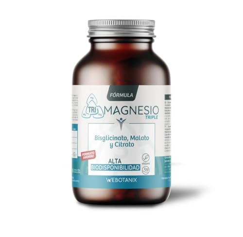 WeBotanix | Fórmula Triple Magnesio | Bisglicinato, Dimagnesio Malato y Citrato de Magnesio y Vitamina B6 | Con Vitamina B6 para Energía, Bienestar y Salud Muscular | Vegano (120 Cápsulas)
