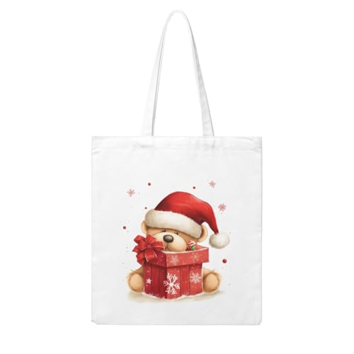 Santa Hat Gift And Merry Christmas Large Canvas Tote Bag Cute Travel Shoulder Bag Reusable Washable Shopping Grocery Bags For Women Men