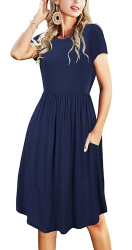 Image of Simier Fariry Womens Summer Modest Work Casual Midi Knee Dress Pocket Short Sleeve Teacher Outfits Spring Travel Clothes