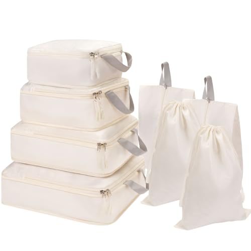 TESRAODE 8 Set Packing Cubes for Travel with Shoe & Dirty Clothes Bag, White Luggage Organizers Carry-On, Cruise Must-Haves Packing List, Airplane Vacation Essentials