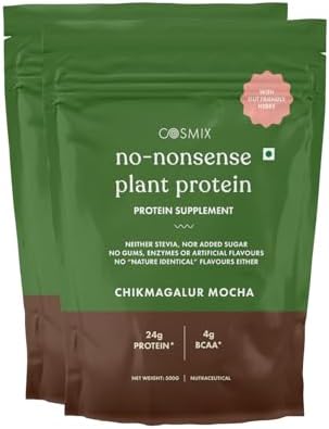 Cosmix No Nonsense Plant Protein | Pea & Rice Isolate | Plant Based | 24g Protein/Serving | Easy To Digest | All Essential Amino Acids - 1 kg Coffee + Chocolate- Chikmagalur Mocha - 500g(Pack of 2)