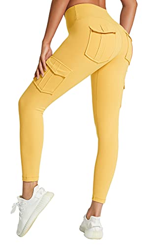 KUACUA Pantalon de yoga taille haute avec 4 poches, contrôle du ventre, pantalon d'entraînement pour femme extensible dans les 4 sens, jaune, L Cover