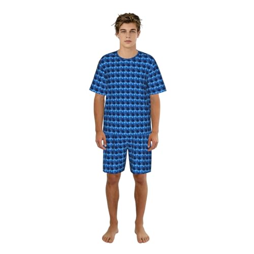 Pyjama 2 pièces court pour homme imprimé ananas bleu en coton léger