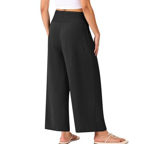 Linen Capri Pants for Women Smocked High Waist Wide Leg Capris Pants Summer Baggy Beach Lounge Boho Pant with Pockets3