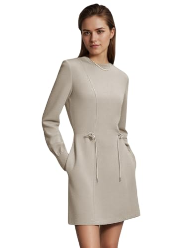 COCOMARTS Womens Long Sleeve Crewneck Sweatshirt Dress Drawstring Waistband Casual Tunic Tops Mini Dresses 2025 Fall Clothes Khaki X-Large — view 5