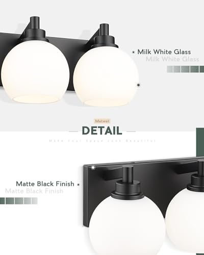 Image of Bathroom Light Fixtures, 3-Light Matte Black Vanity Light, Modern Wall Sconces with Milk White Globe Glass Shade, Vanity Lighting Fixtures Over Mirror, VL195-MB-ML-3