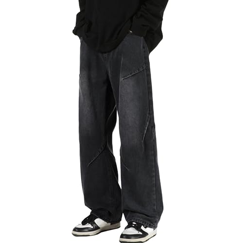 DGHM-JLMY Men's Baggy Hip Hop Jeans Irregular Sutures Wide Leg Denim Pants Casual Loose Fit Long Trousers Streetwear