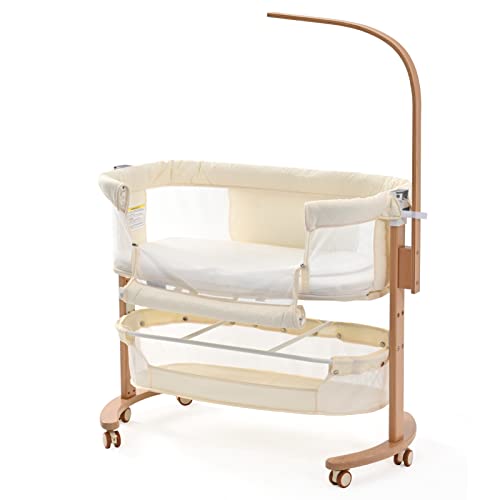 Image of YOLEO Baby Bassinet Bedside Sleeper with Matrress and Mosquito Net Height Ajustable Bassinets with Wheels and Storage for Infant Baby up to 18 Months Baby Side Bed Beige