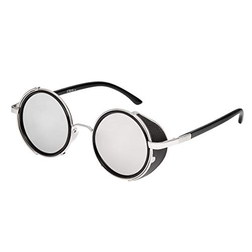 Ultra Argent Marco Argent Lentes Reflejado Gafas de Sol Steampunk Retro Hombres y Mujeres Redondas Gótico Circulo Metal Cyber Lado Anteojeras UV400 Cover