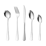 LuLiyLdJ Juego de cubiertos de acero inoxidable, 5 piezas para camping, incluye cubiertos de viaje plateados con cuchara, tenedor y cuchillo, acabado pulido y apto para lavavajillas.