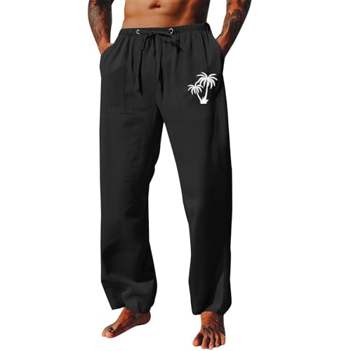 Mens Casual Linen Pants Loose Fit Elastic Drawstring Waist Straight Legs Summer Yoga Beach Long Pants Bedroom with