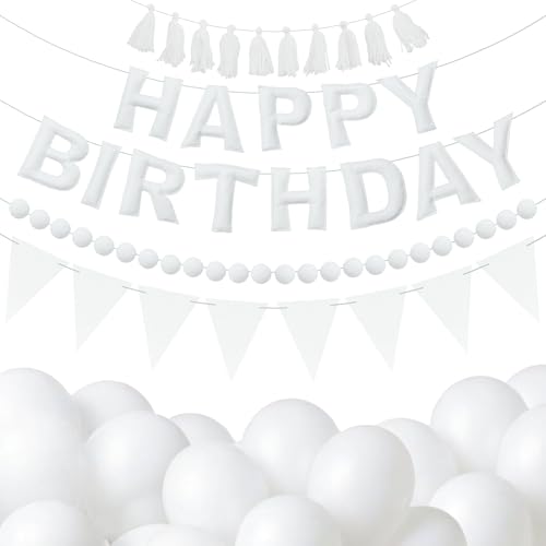 Image of White Themed Birthday Decoration Set, White Pre-Strung 3D Felt Happy Birthday Banners, Pom-Pom Garland, Party Pennant Felt Banner Flags, Tassel Garland, Balloons, Reusable Party Decor,Photo Prop