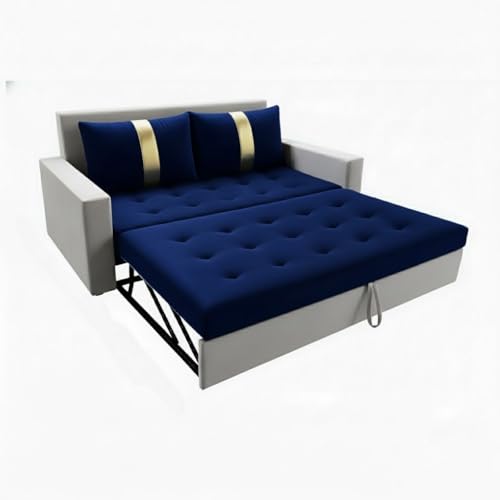 Image of FURNY Tressa 2 Seater Fabric Pull-Out Sofa Cum Bed (Light Grey-Dark Blue) Premium Velvet Finish | Durable Comfort | Ideal for Living Room