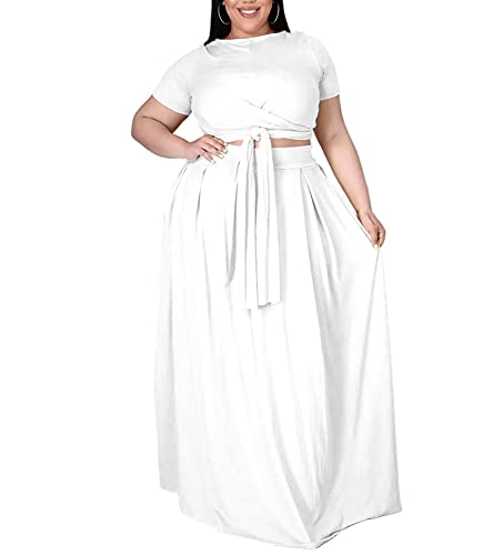 Ophestin Womens Plus Size 2 Piece Dress Outfits Solid Color Crop Top Maxi Skirts Set2