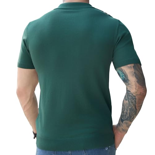 Knit Button Down Shirt Men- Men's Vintage Knit Polo Shirt- 70s Short Sleeve Retro Polo Shirts Vertical Stripes for Casual2