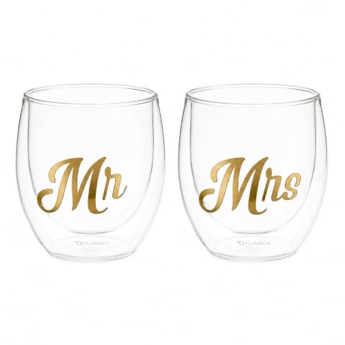 Image of Giftana Mr & Mrs Wine Glass Set of 2 | Couple Wine Glasses for Wedding, Anniversary, Engagement & Valentine's Day | Romantic Gift for Husband Wife, Bride Groom & Newlyweds