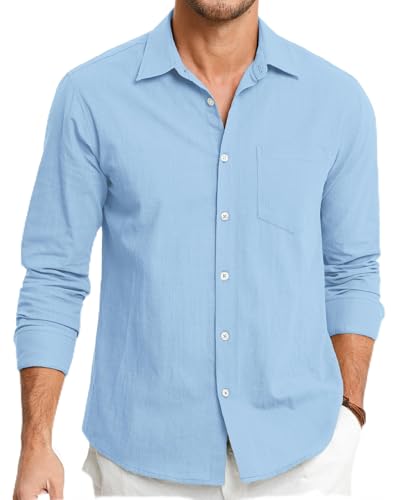 HISDERN Camisas de Lino para Hombre Manga Larga Ligeras Verano Lino Camisa de Ajuste Regular Abotonadas Casual Shirt Azul Claro L