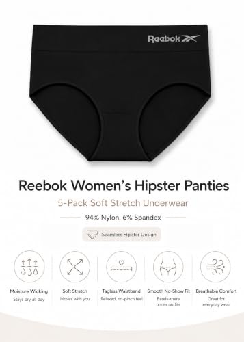 Image of Reebok Womens Hipster Panties 5 Pack Soft Stretch Underwear for Women | Moisture wicking hipster briefs with a tagless relaxed waistband Soft stretch fabric with a smooth, barely-there fit all day.