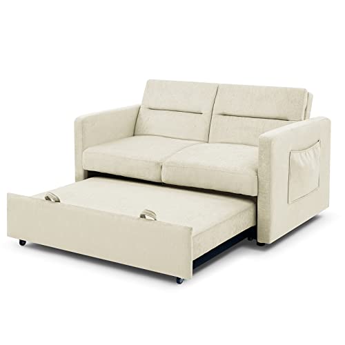 Antetek 3 In 1 Convertible Sleeper Sofa Bed, Modern Velvet Loveseat Sleeper Sofa Couch With Pull-Out Bed, Small Love Seat Sofa Bed With Reclining Backrest & Side Pocket For Living Room, Beige, 54.5" #TOP7