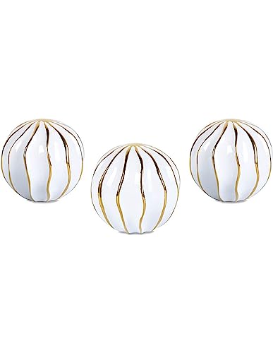 Presume de casa Juego de 3 Bolas 9.3cm Ceramica Blanco y Dorado lineas Ondas avice Jarrones, centros Decorativos Cerámica...