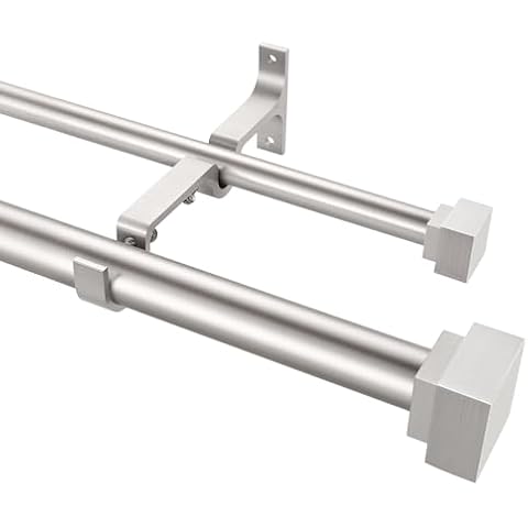 1 Inch Modern Double Window Curtain Rods,72-144 Inch Adjustable Telescoping Heavy Duty Stylish Drapery Rods Decorative Solid Square Allufer Finials for Dual Curtain Rod Window Treatment,Nicked Brushed Cover