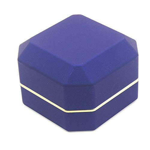 Image of Luxury Ring Box, Square Velvet Wedding Ring Case Jewelry Gift Box with LED Light for Proposal Engagement Wedding, Blue