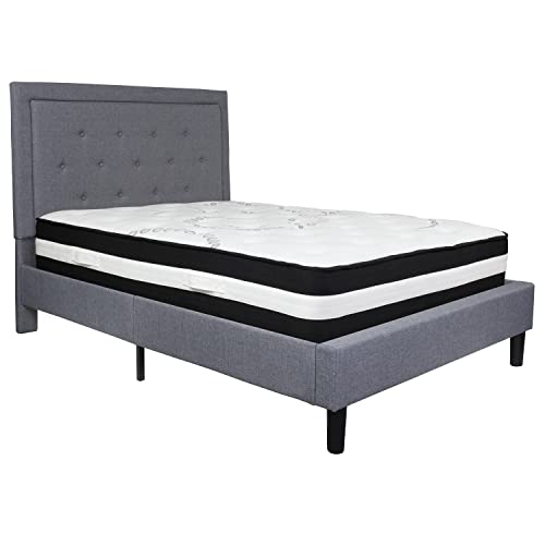Flash Furniture Roxbury Full Size Tufted Upholstered Platform Bed In Light Gray Fabric With Pocket Spring -Mattress #TOP19