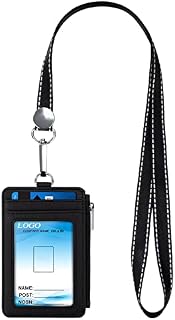 Id Badge Holder with Neck Lanyard Pu Leather Slim Wallet for Men Women Card Holder with 1 Id Window 4 Card Slots 1 Side Zipper Coin Pocket Black
