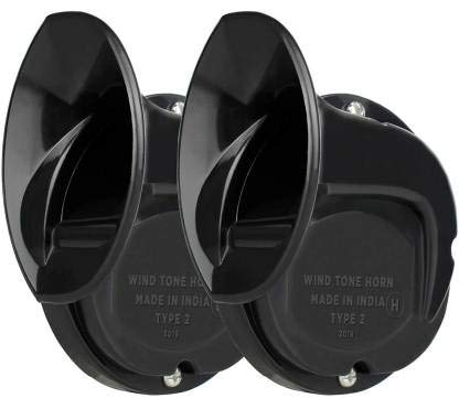 URJIT Universal Windtone Horn (2 and 4 wheelers), Black color, Heavy plastic body, Set of 2, 12V Voltage