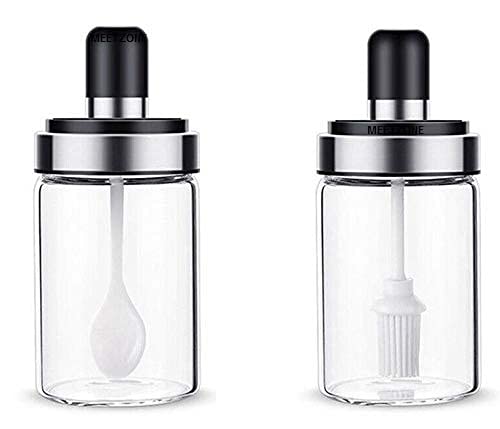 Image of Kitchen High Borosilicate Glass Spice Jars Seasoning Box Jar Condiment Jar, Combination Spoon and Lid Design Premium 250 ml (Brush + Spoon)