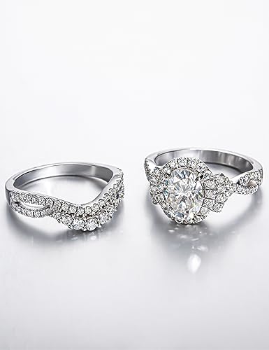 CannyCat Oval Cut Moissanite Cathedral Wedding Ring Sets for Women Infinity 3.15 CTTW Moissanite Bridal Set Platinum-Plated Sterling Silver Engagement Ring Curved Guard Enhancers (size-7)3
