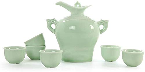 Sake Set Tea Pots, Japanese Sake Set, 8 Pieces Sake Set with Warmer, Traditional Celadon Cups Crafts, for Warm/Cold Sake Service Best Gift
