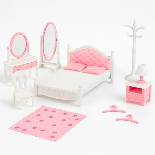 OLEOCA Family Dollhouse Bedroom Set Bed Pillows & Bedspread Vanity with Mirror Nightstand Floor Mirror Chair Lamp Coat Rack & Hangers Dollhouse Furniture & Accessories for Ages 3+