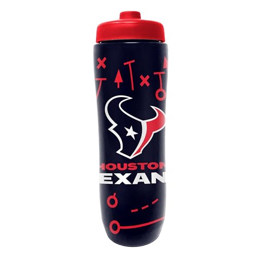 Image of Party Animal NFL Football Squeeze Bottle, 32 oz, Houston Texans | Slim, lightweight BPA-free sports water bottle with quick-flow squeeze; fits backpacks & cup holders for kids or adults