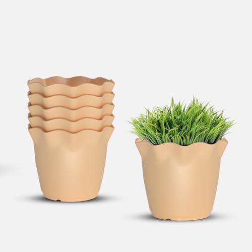 Image of YUCCABE ITALIA SHERA Flower Plastic Flower Pot Unbreakable Round Shape Planter with Drainage Holes Planter Suitable for Home Garden Seedling Indoor and Outdoor (Beige, 4 INCH - 6 Pcs)