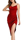 LYANER Women's Satin Ruched Wrap Bodycon Spaghetti Strap Club Party Midi Dress Flame Red Large