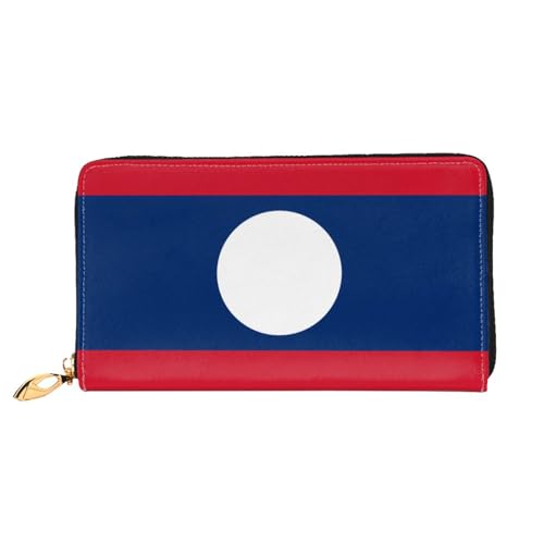 Leather Women Wallets, Long Credit Card Holder, Flag of Laos Print Billfold Clutch & Travel Purse Large Capacity