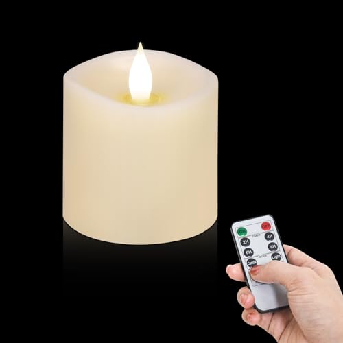 Image of 3x3 Flickering Flameless Candles, Real Wax LED Battery Operated Candles, 3 inch Flameless Candles with Remote,for Wedding Holiday Home Decor,Ivory