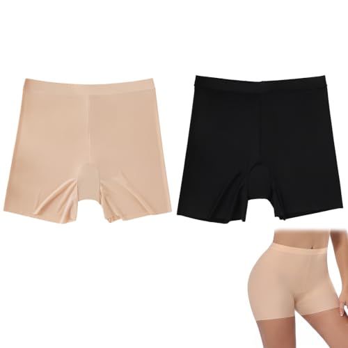 WUMZIRA Pack de 2 Pantalón Antirozaduras Mujer para Debajo de Vestidos, Pantalones Cortos Suaves y Elásticos, Bragas Pantalón Anti Roce Muslos, Culotte Invisible de Verano, Negro y Piel