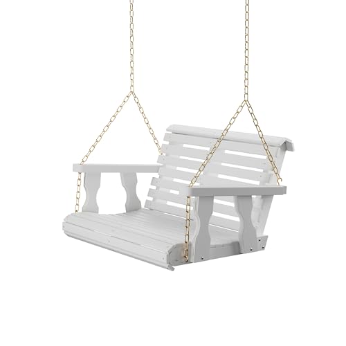 Image of Amish Casual Heavy Duty 700 Lb Capacity Porch Swing (3 Foot, Semi-Solid White Stain) - Wooden Outdoor Roll Back Swing with Hanging Chains - Amish Made in the USA